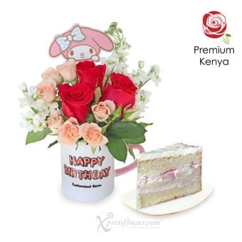 CBL2302 Melody Blush (Dark Pink Roses with Personalised Name Sanrio Mug & Sliced Cake)