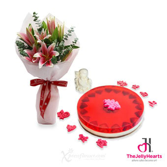 JH2306 Blushing Lilies (3 Pink Lily Sprays with The Jelly Hearts Cake)