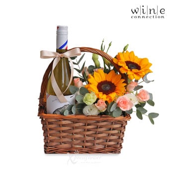 sunflower basket arrangement with chardonnay