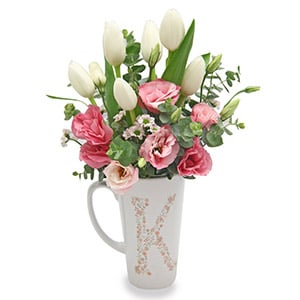 KS1524 My Everything (White Tulips & Pink Eustomas with Floral Monogram Mug)
