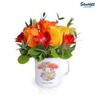6 Mixed Orange and Yellow Roses with My Melody Personalised Mug Scorpio