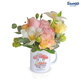 2 White Tulips & 3 Pink Roses with My Melody Personalised Mug Pisces
