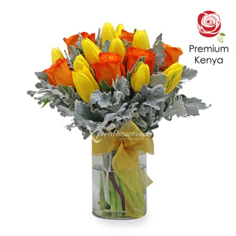 AR1810 Summer Blush (6 Orange Roses & 10 Yellow Tulips)