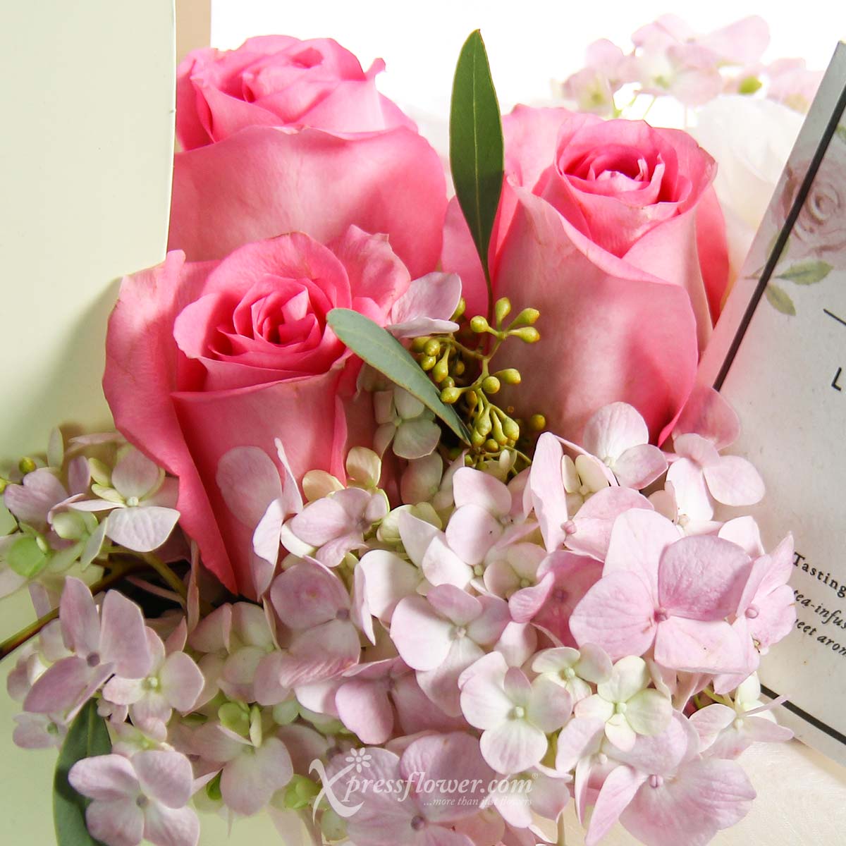 ABU2105 Graceful Pleasures Pink Roses & Hydrangea with Chocolate 1d