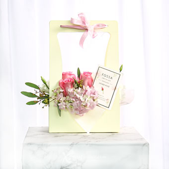 Graceful Pleasures (Pink Roses & Hydrangea with Fossa Lychee Rose Chocolate)