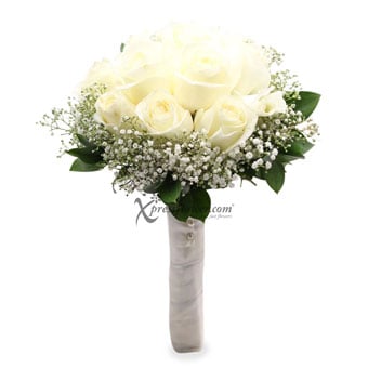 online wedding flower delivery white roses and baby's breath bridal bouquet