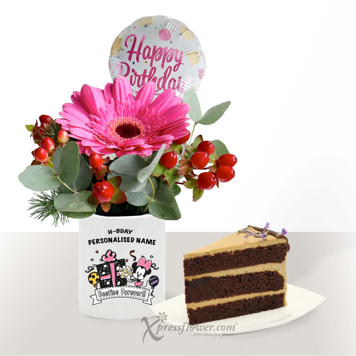 CBL2201 Birthday Bash Dark Pink Gerberas Personalised Cup with Sliced Cake 1c