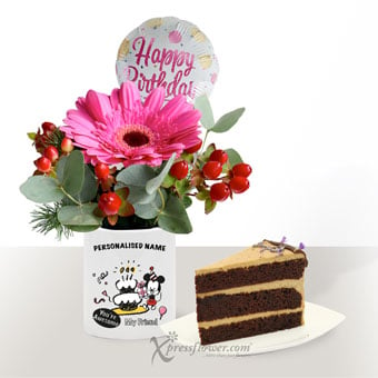 D-Birthday Bash (Dark Pink Gerbera with Personalised Name Disney Vase & Sliced Cake)