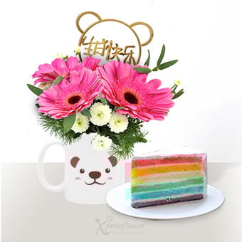 Beary Happy (Dark Pink Gerberas with Personalised Name Cup & Sliced Cake)