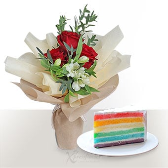 Flavoursome Blooms (3 Red Roses with Sliced Cake)
