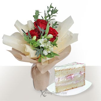 Flavoursome Blooms (3 Red Roses with Twenty Grammes Sliced Cake)