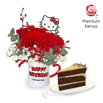 CBL2301 Blooming Birthday (Red Gerberas & Roses with Personalised Name Sanrio Mug & Sliced Cake)
