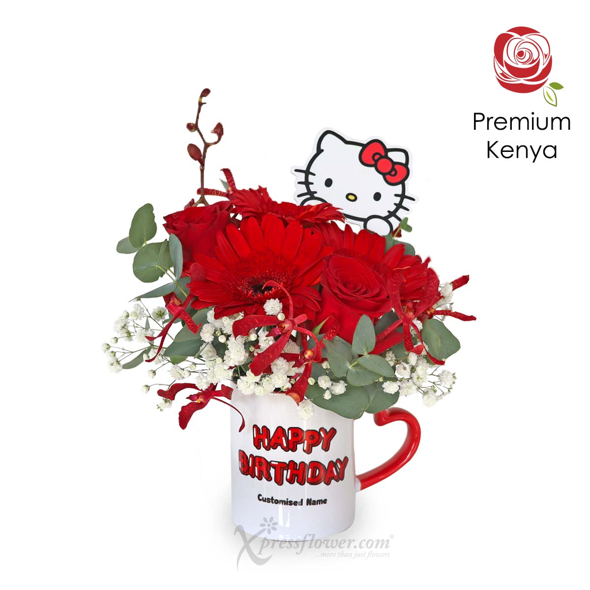 CBL2301 Blooming Birthday (Red Gerberas & Roses with Personalised Name Sanrio Mug & Sliced Cake) 1c