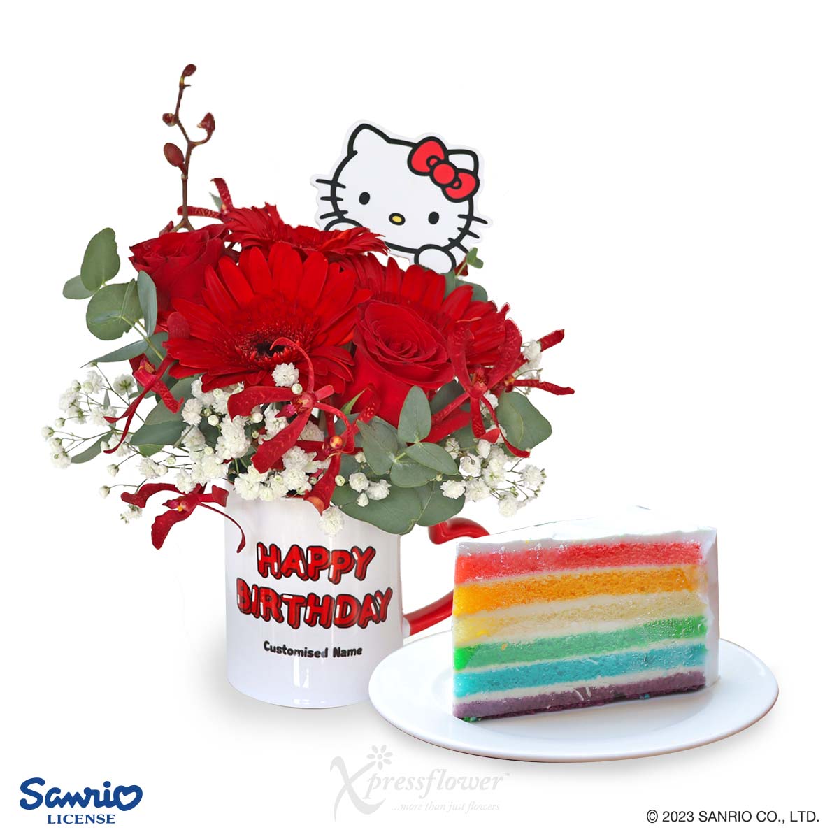 Blooming Birthday (Red Gerberas & Roses with Personalised Name Sanrio Mug & Sliced Cake)