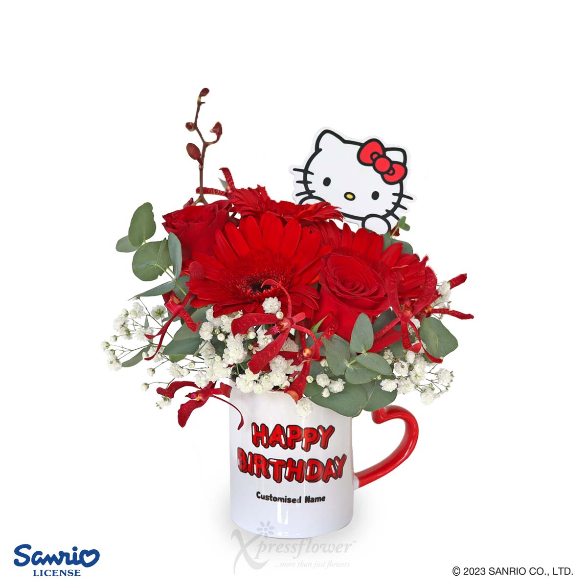 CBL2301 Blooming Birthday Red Gerberas Roses with Personalised Name Sanrio Mug Sliced Cake new 1c