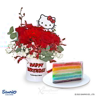 Blooming Birthday (Red Gerberas & Roses with Personalised Name Sanrio Mug & Sliced Cake)