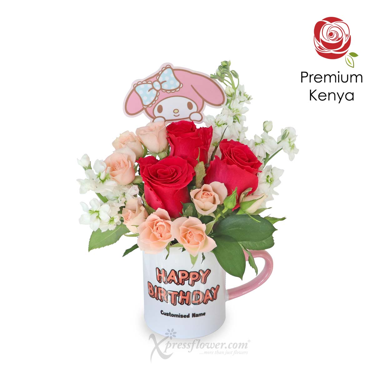 CBL2302 Melody Blush (Dark Pink Roses with Personalised Name Sanrio Mug & Sliced Cake) 1c
