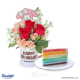 Melody Blush (Dark Pink Roses with Personalised Name Sanrio Mug & Sliced Cake)