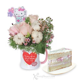 Bubbly Bash (3 Pink Roses with Personalised Name Sanrio Mug & Sliced Cake)
