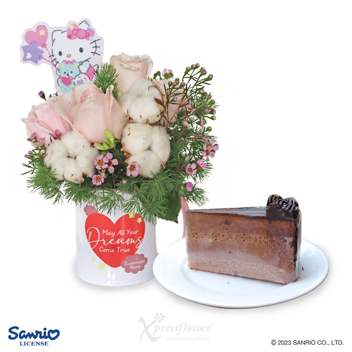 Bubbly Bash (3 Pink Roses with Personalised Name Sanrio Mug & Sliced Cake)