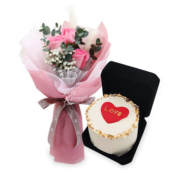 CIS2103 Thankfully Yours (3 Pink Roses with Heart & Gold Flakes Bento Surprise Cake)