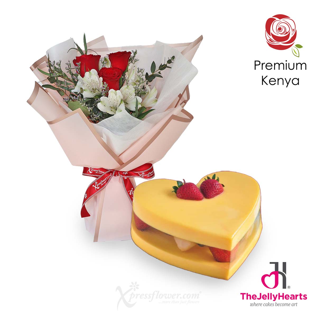 Scarlet Sweetheart (3 Red Roses with The Jelly Hearts Cake)