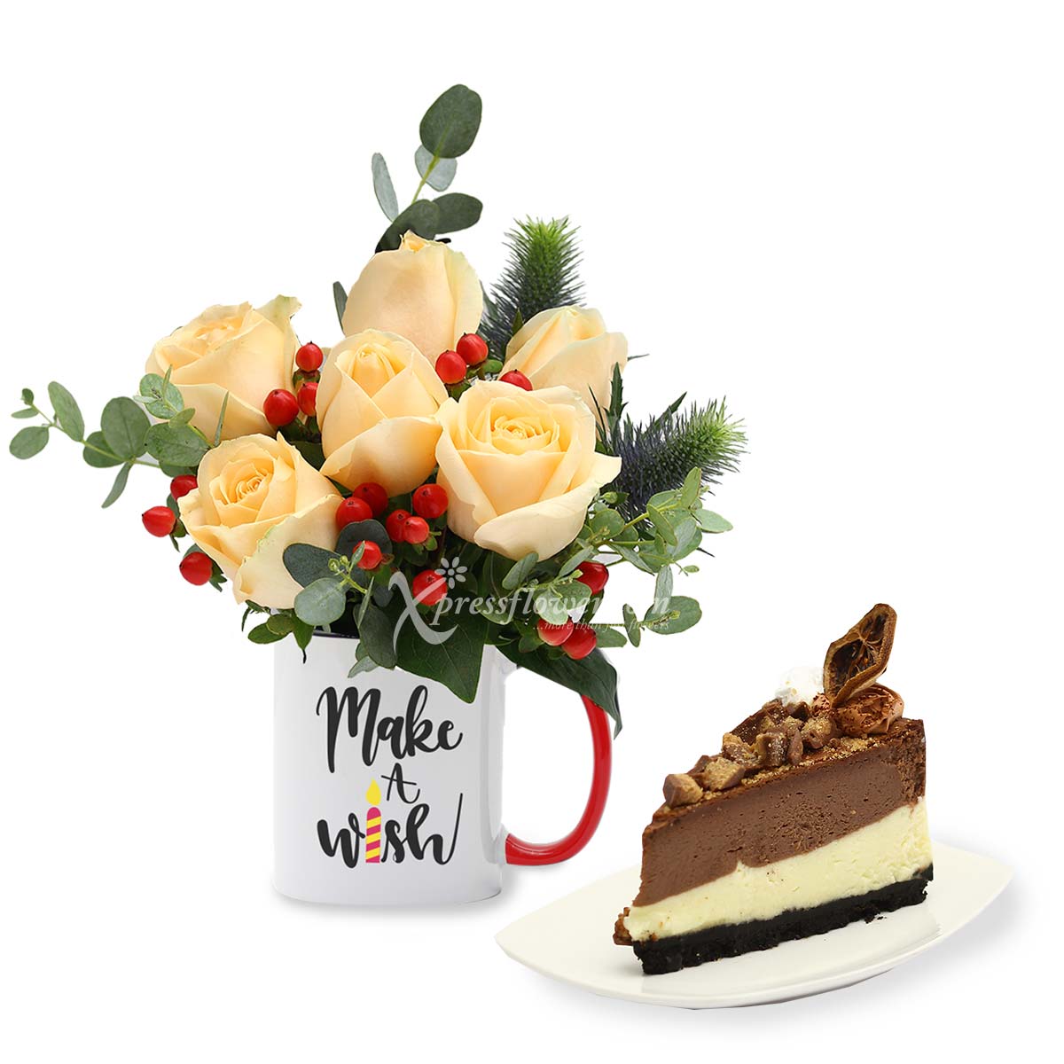 TGC1902 Dreams Come True 6 Champagne Roses with Sliced Cake 1a
