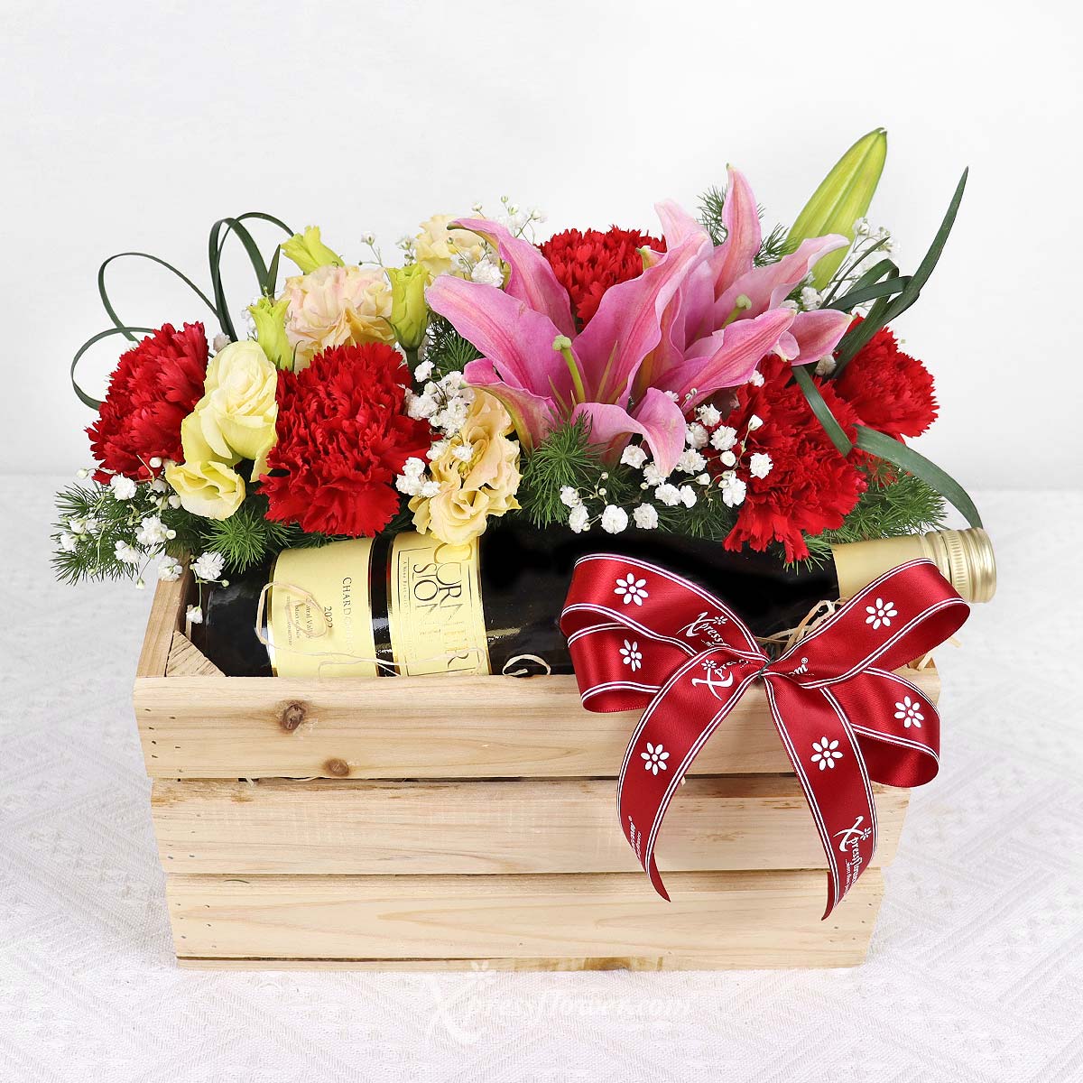 AR2304 Crimson Crate (Cabernet Sauvignon with Red Carnations & Pink Lilies) 1a