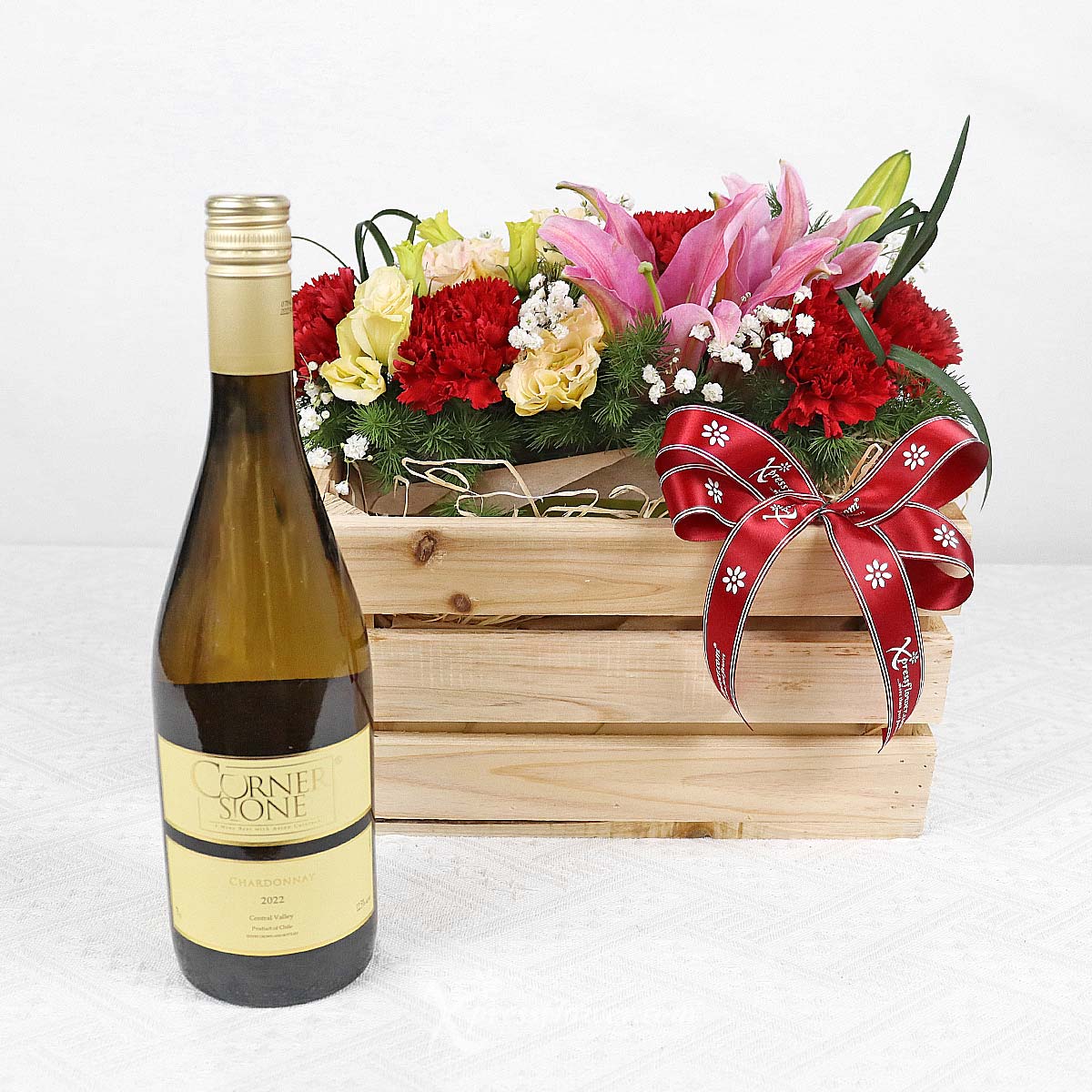 AR2304 Crimson Crate (Cabernet Sauvignon with Red Carnations & Pink Lilies) 1b