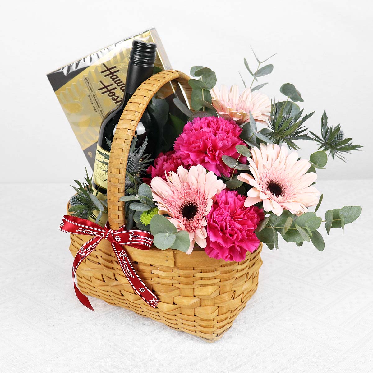AR2305 Loving Blush (Pink Carnations & Gerberas with Chocolates & Wine) 1b