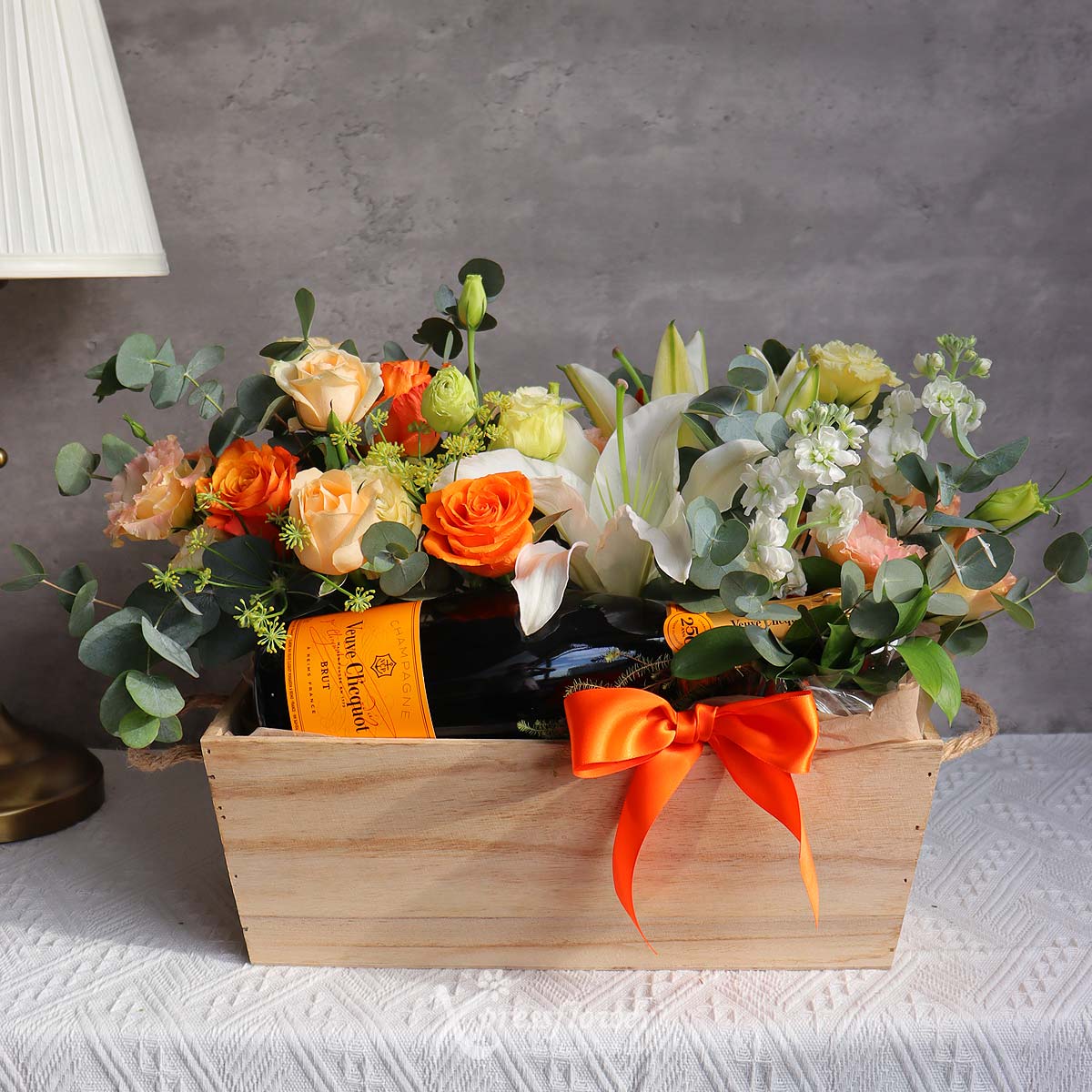 CW2308_Champagne Elegance Roses and Lilies with Veuve Clicquot Brut Champagne 3a
