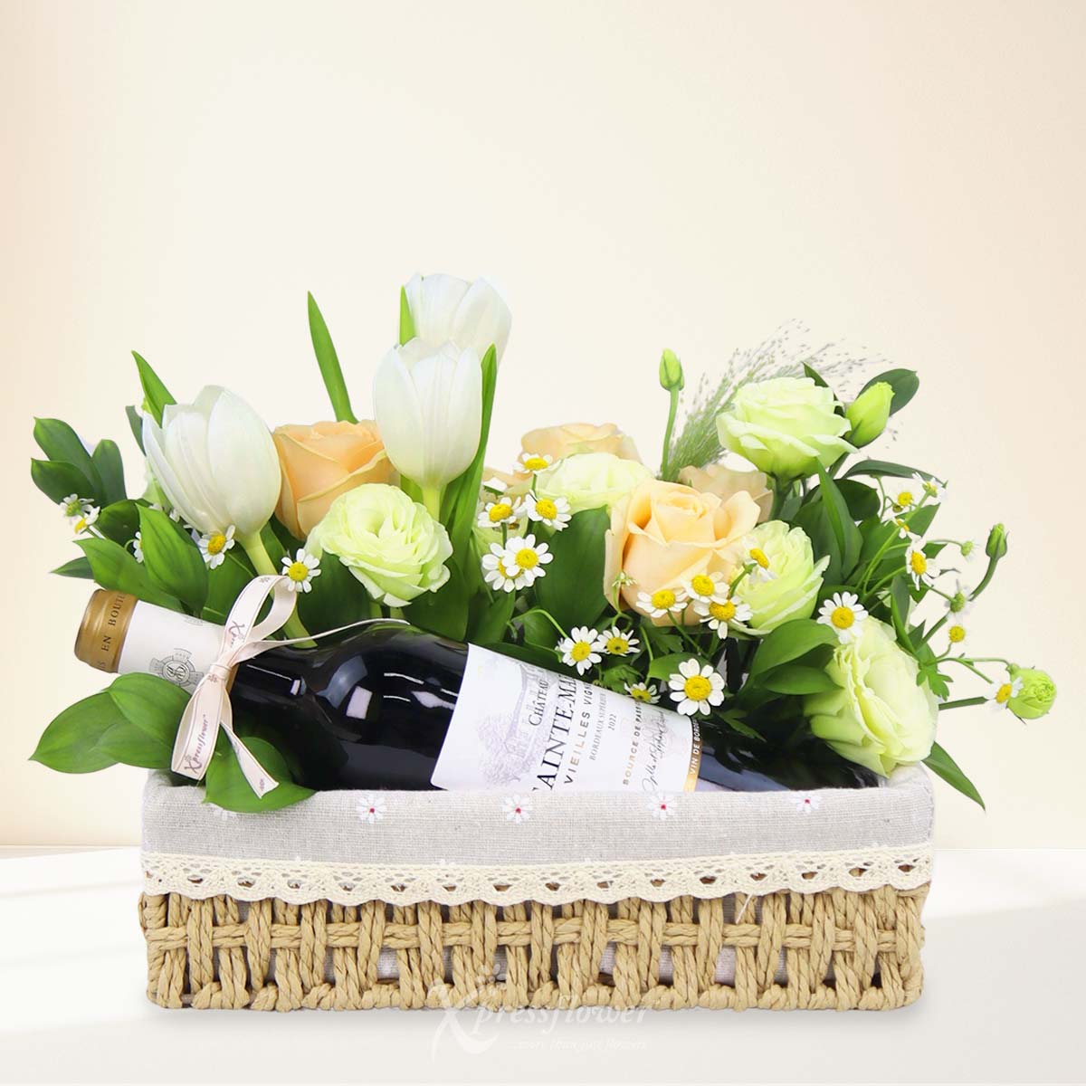 Bordeaux Charm (Champagne Roses + White Tulips with  Chateau Sainte-Marie Red Wine)
