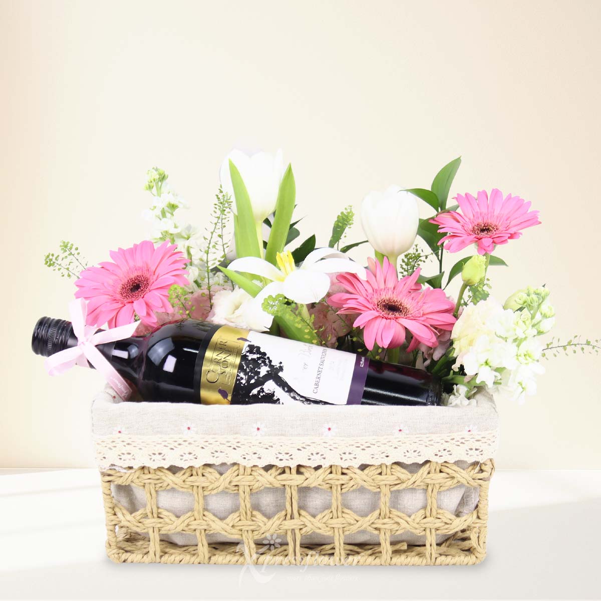 Blush Cheers (Pink Gerberas + White Tulips with  CornerStone Cabernet Sauvignon)