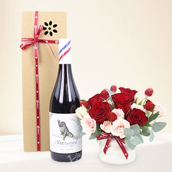 Red Affair  (Red roses with  FAT Bastard Pinot Noir Red Wine)
