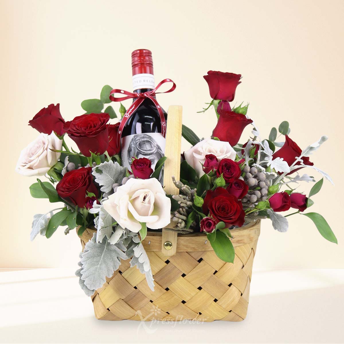 Cheers & Roses (Red Roses with  Zonte's Footstep Baron Von Nemesis Shiraz Red Wine)