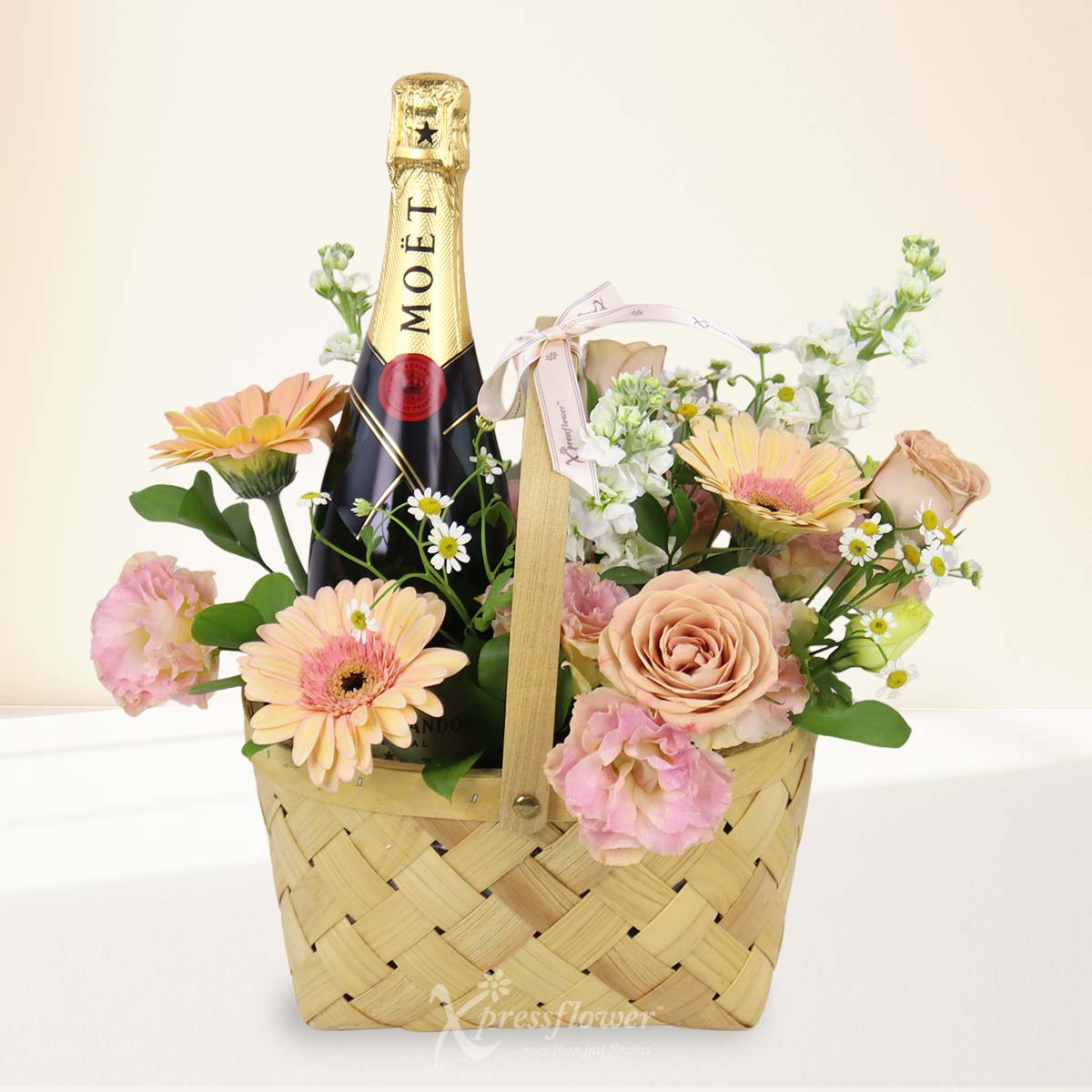 Moët Moment (Peach Gerberas + Cappucino Roses with  Moet & Chandon Brut Imperial Champagne)