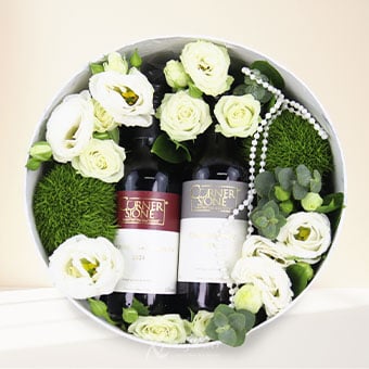 Wine Whispers  (Eustoma + Rose Spray with  CornerStone Mini Cabernet Sauvignon)