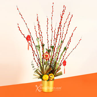 Spring Blessings (Red Pussy Willow, Lucky Bamboo with Oranges)