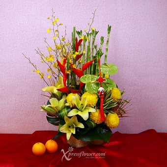 Royal Emperor (CNY Flowers - Yellow Sunlight Chrysanthemum, Lily Spray, Green Anthurium, Dancing Lady Orchid & Lucky Bamboo)
