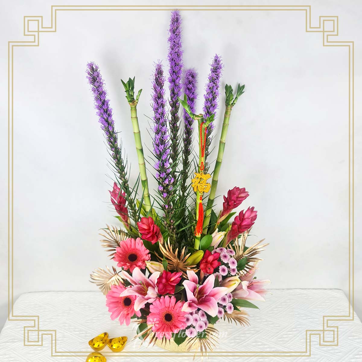 CNY Flowers Lucky Bamboo Pink Lilies and Gerberas with Red Ginger and Purple Liatris_1B