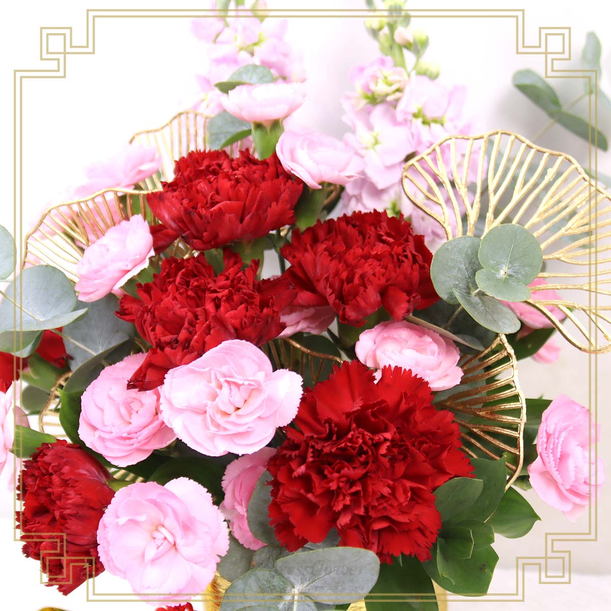 CNYA2501 Blessings Abundance Red Pink Carnations CNY Flower Arrangement 1d
