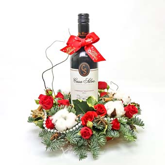 XMAR2313 Roses & Wine (Christmas Flower Centerpiece with Wine)