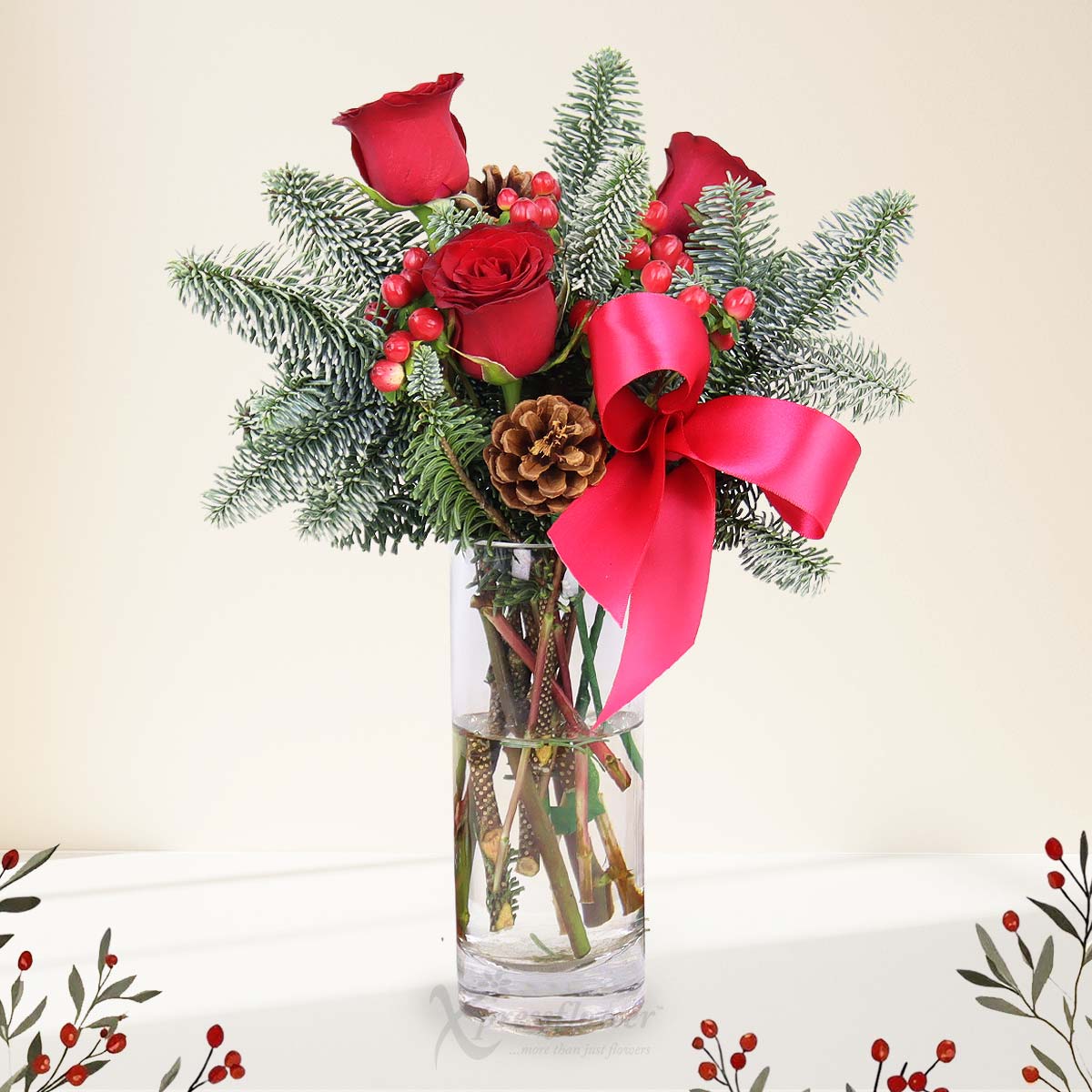 Holiday Ember (3 Red Roses with Pine Cones)