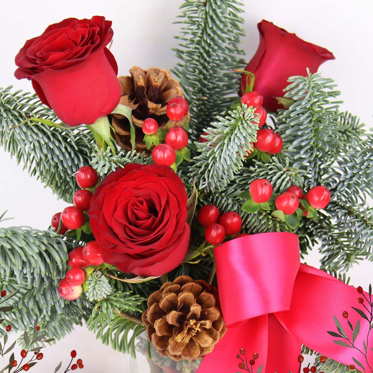 XMAR2521 Holiday Ember 3 Red Roses with Pine Cones 1b