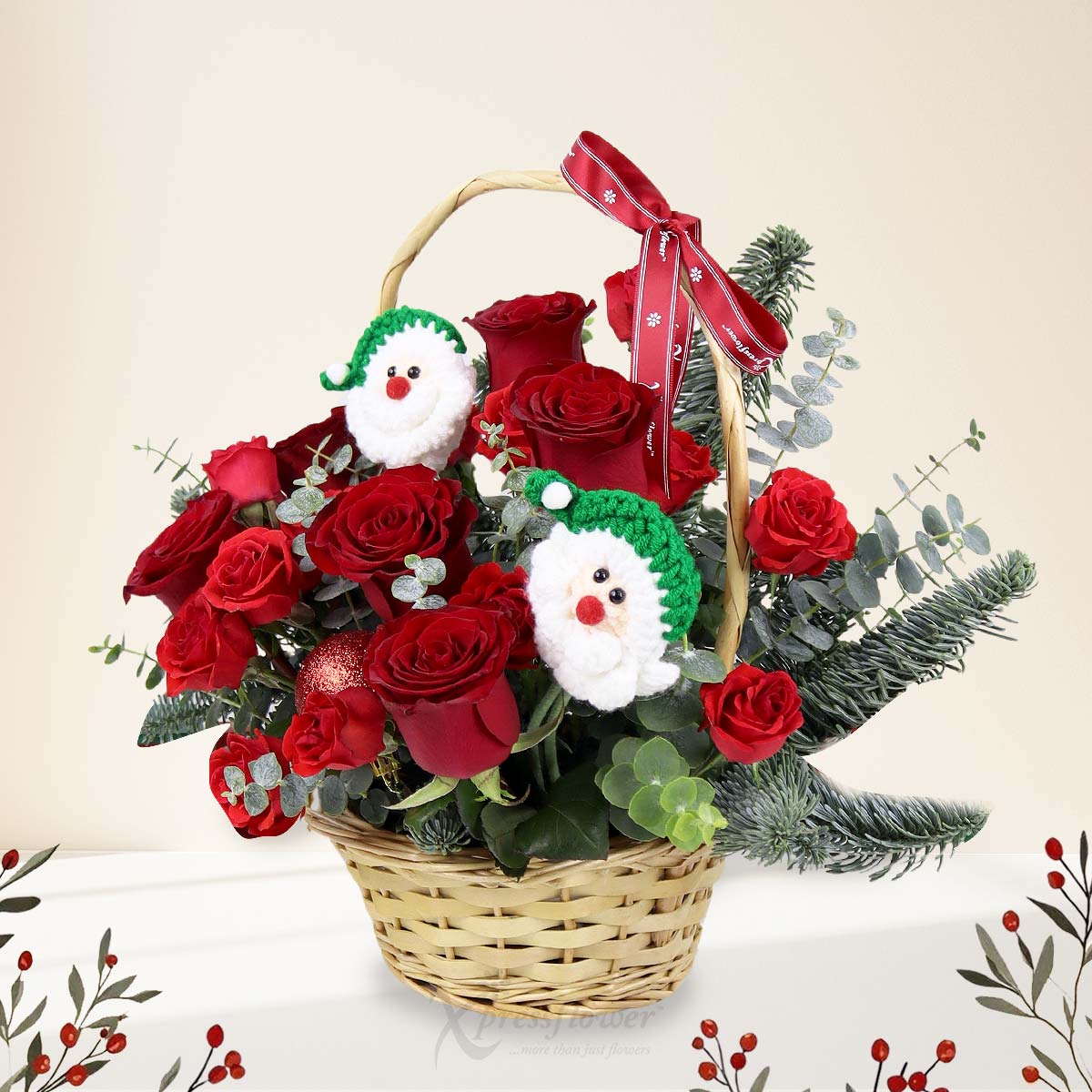 XMAR2523 Santas Whispers 6 Red Roses with Red Rose Sprays Mini Santas 1b