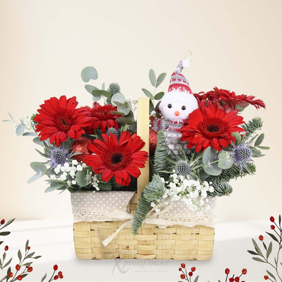 Snowman's Garden (6 Red Gerberas with Christmas Snowman)