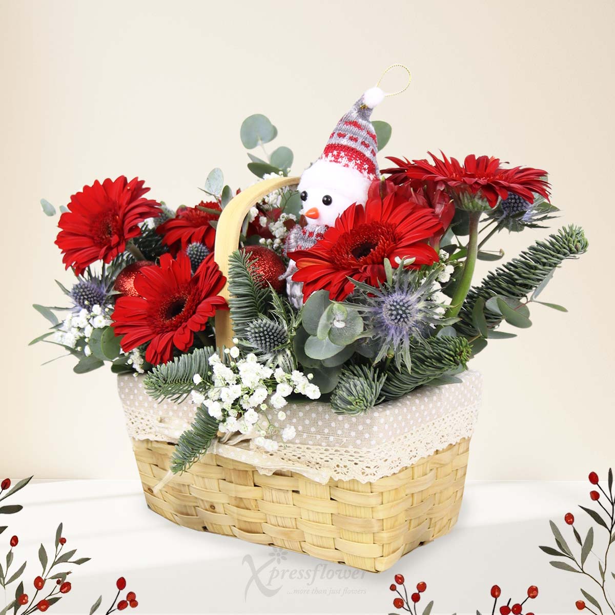 XMAR2524 Snowmans Garden 6 Red Gerberas with Christmas Snowman 1b