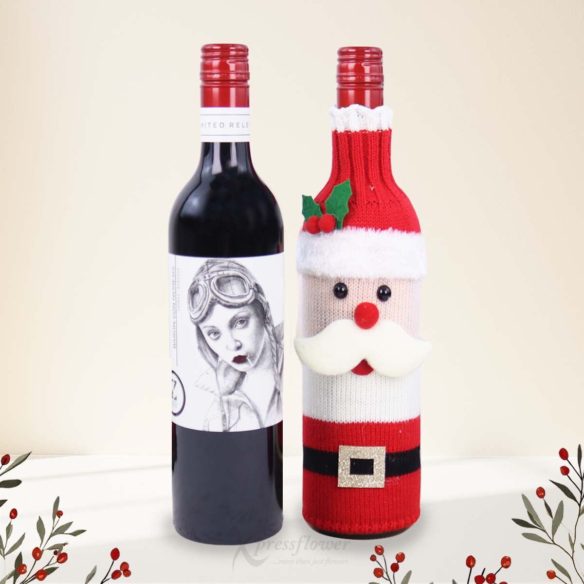XMBL2541 Santas Joy Red Roses Arrangement Shiraz with Santa Claus Wine Cover 1c