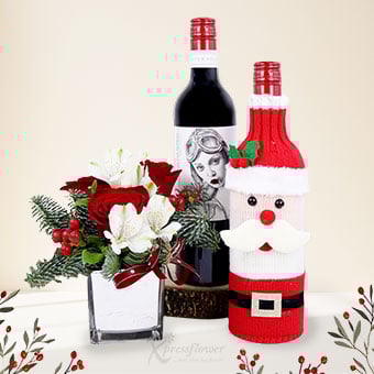 Santa's Joy (Red Roses Arrangement & Shiraz with Santa Claus Wine Cover)