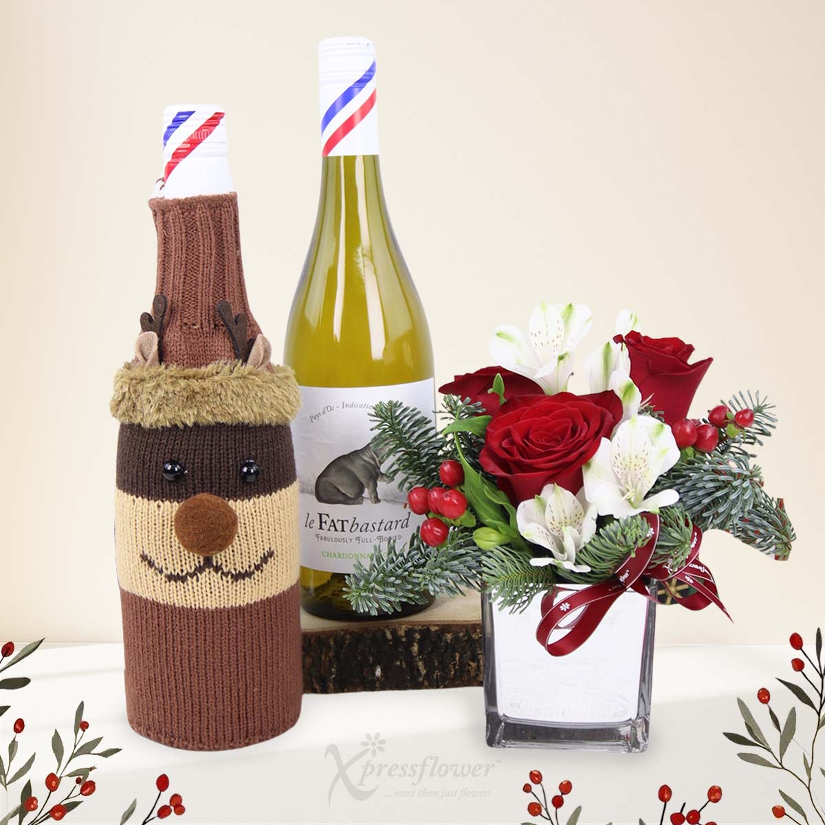Rudolf's Cheer (Red Roses Arrangement & Chardonnay with Rudolf Wine Cover)